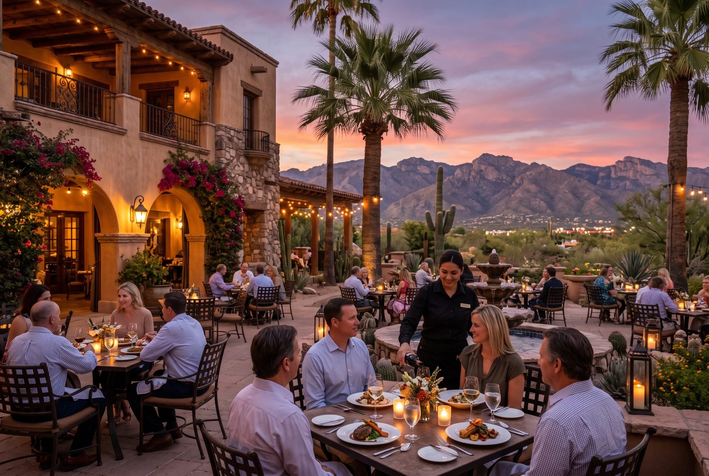 Candlelit patio restaurant at dusk with mountains behind
