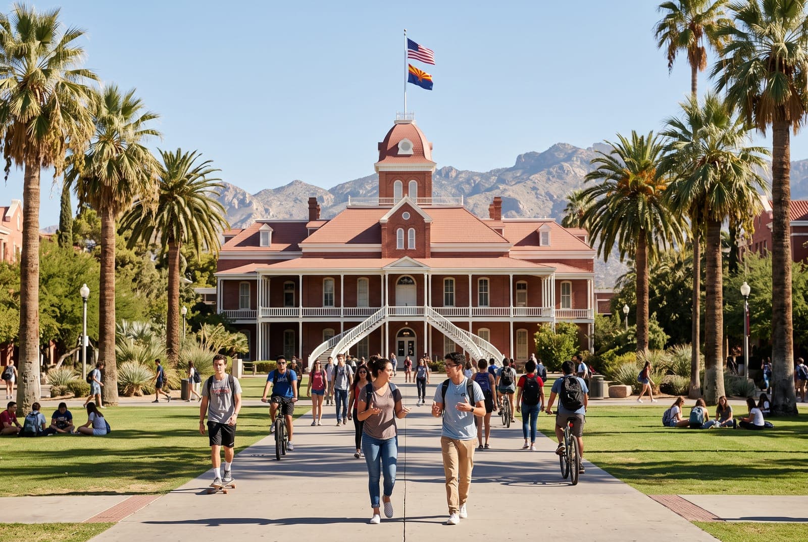 University campus with palm-lined walkway