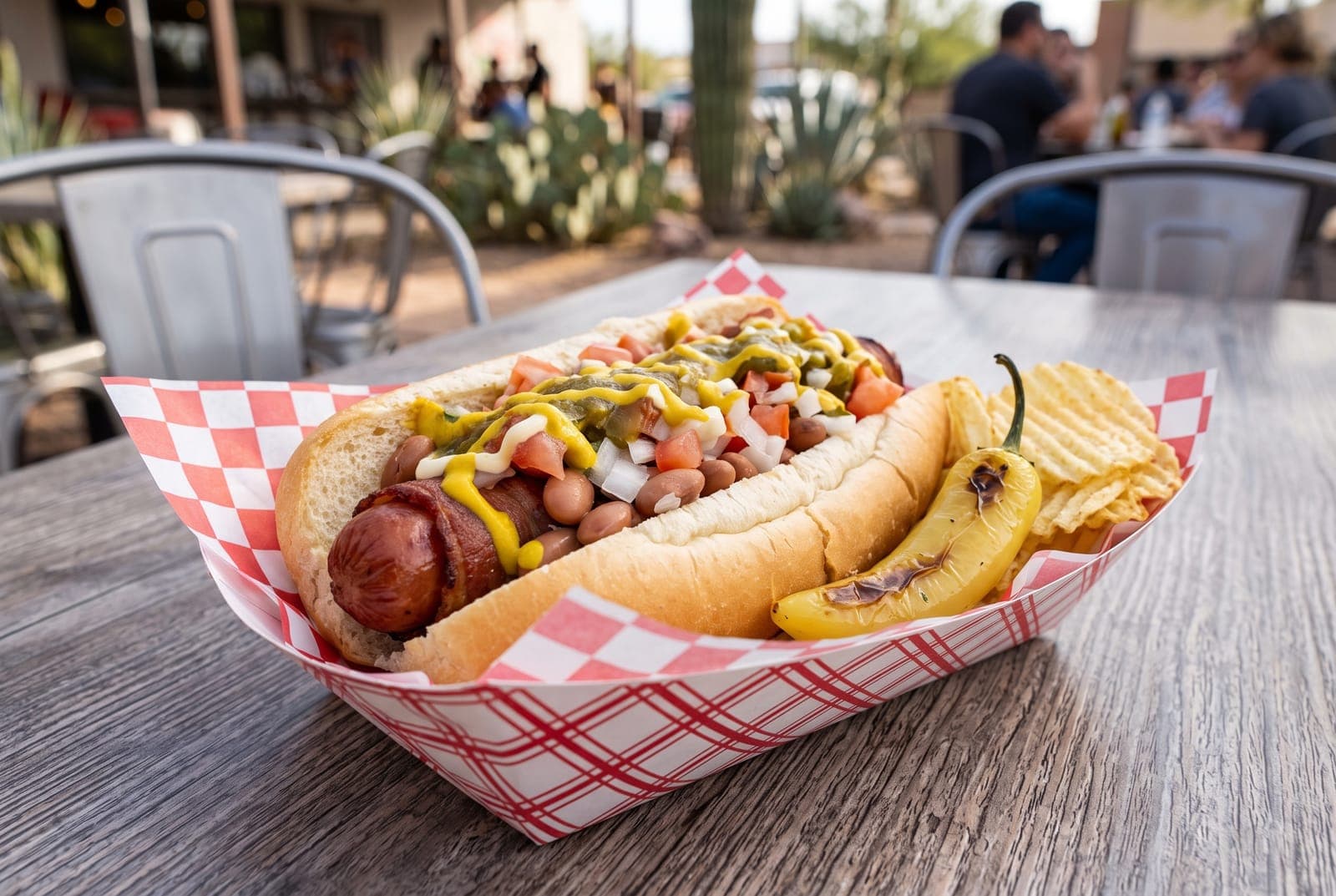 A Sonoran hot dog on a patio table