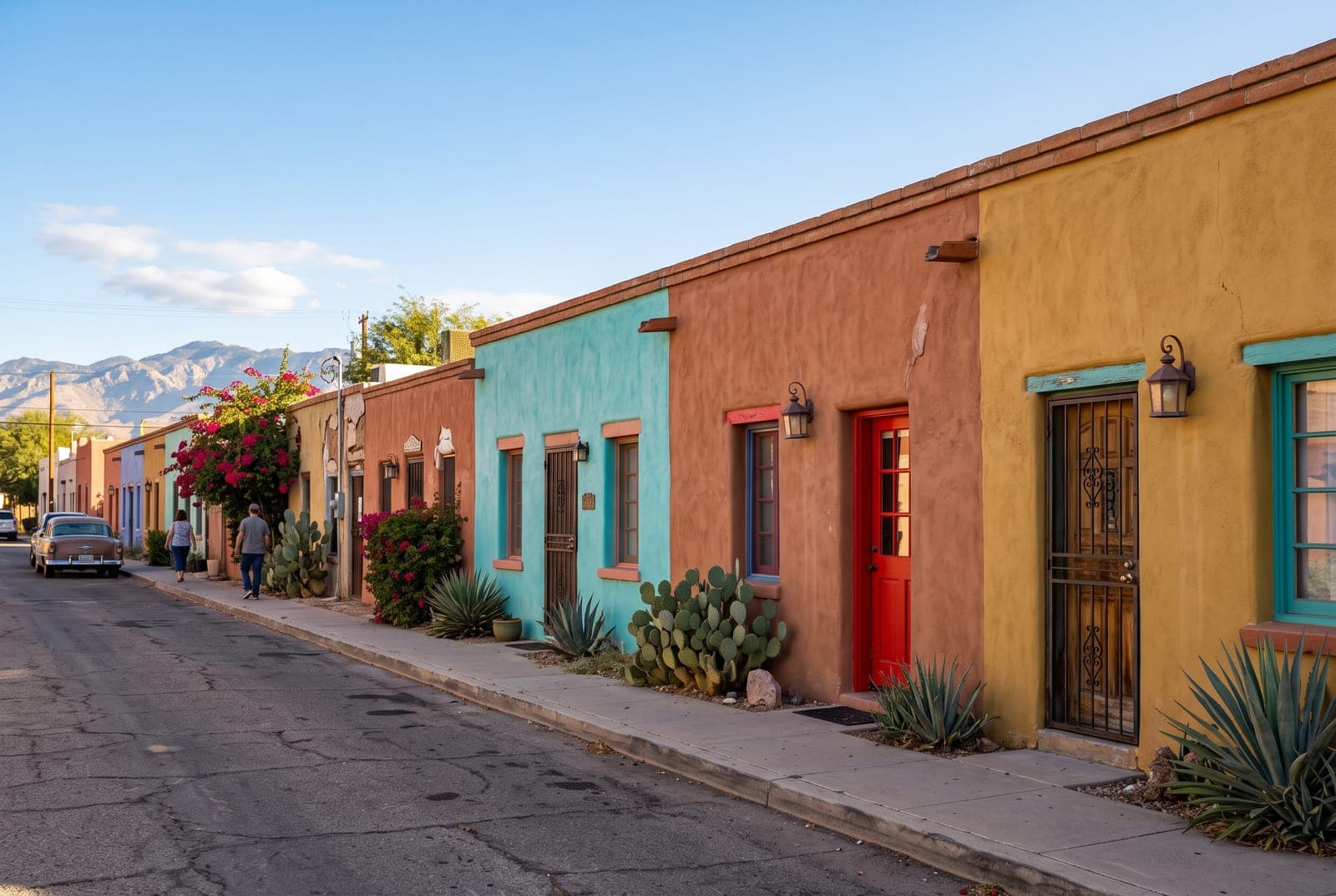 Colorful adobe row houses in a historic barrio