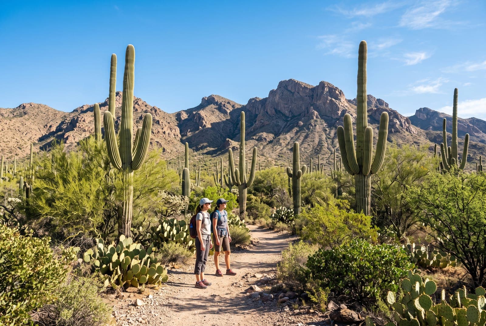 Hikers on a desert trail among saguaros