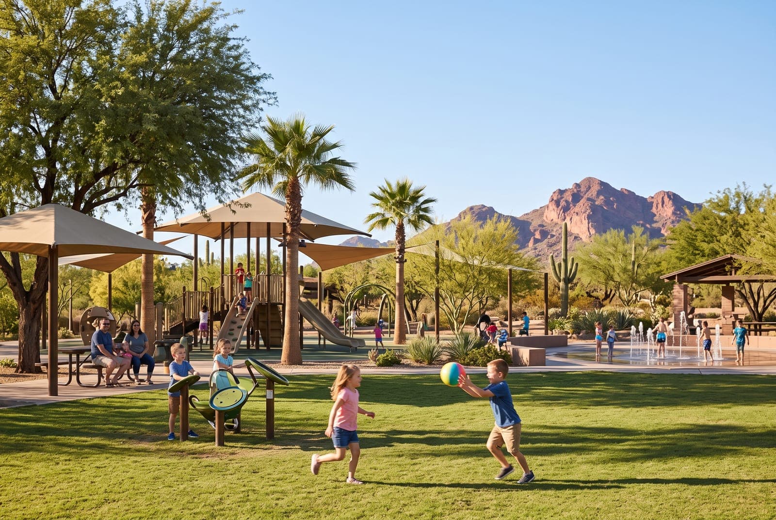 Kids playing catch in a park beside a shaded playground